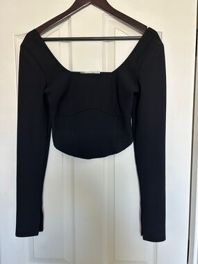 Square Neck Long Sleeve Corset Top - Black